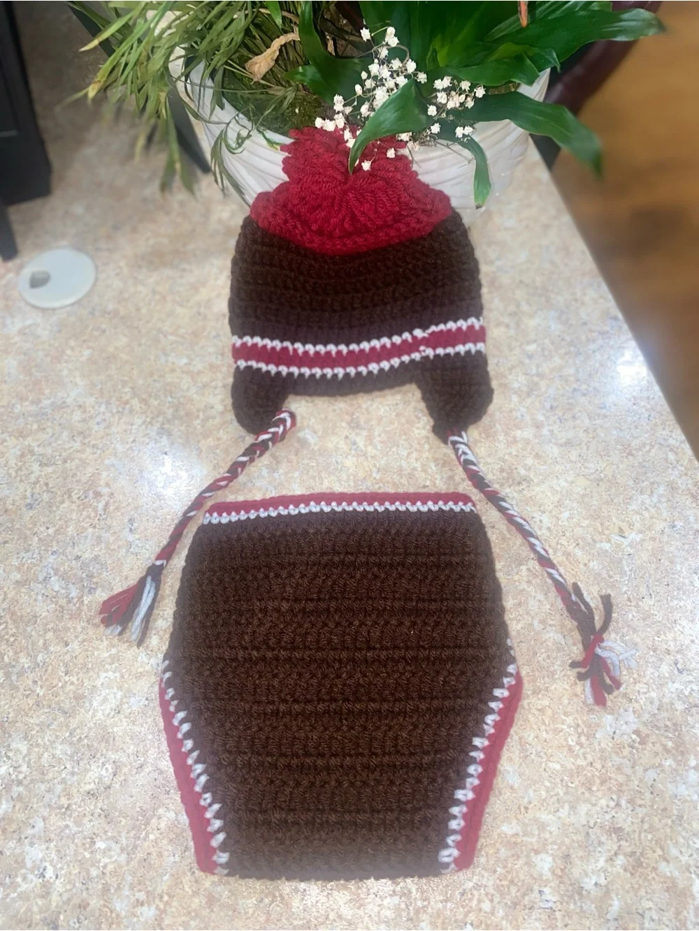 Handmade Sock Monkey Earflap Beanie and Diaper Cover Set - Brown & Red
